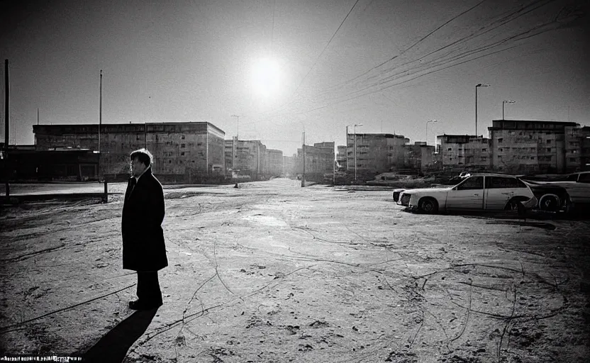 Image similar to On a parking lot in a futuristic space city of Neo Norilsk on the Moon, a Mysterious man is standing in the middle of a street photo by Trent Parke, the sun is blinding, a Russian city on the Moon