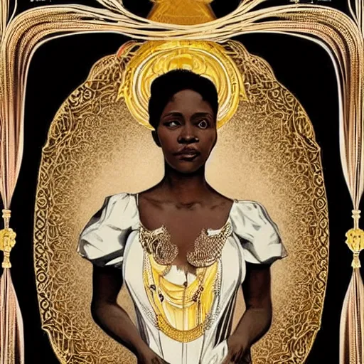 Prompt: Victorian beautiful African woman wearing a flowing golden dress, full body, full length, Art Nouveau, style of Alphonse Mucha, gilded, baroque, filigree border, insanely detailed and intricate, hypermaximalist, elegant, ornate, hyper realistic, super detailed, gritty texture, high contrast, Aaron Horkey