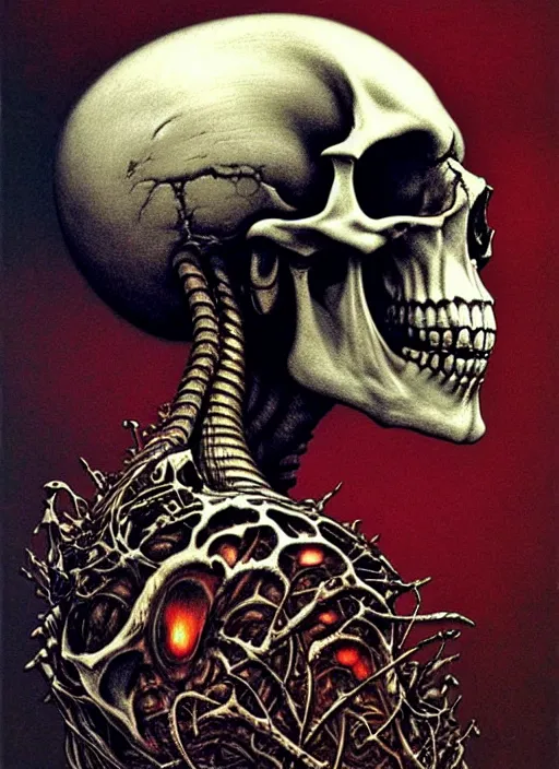 Image similar to a side view of skull with punk mohawk, highly detailed, art by Ayami Kojima, Beksinski, Giger