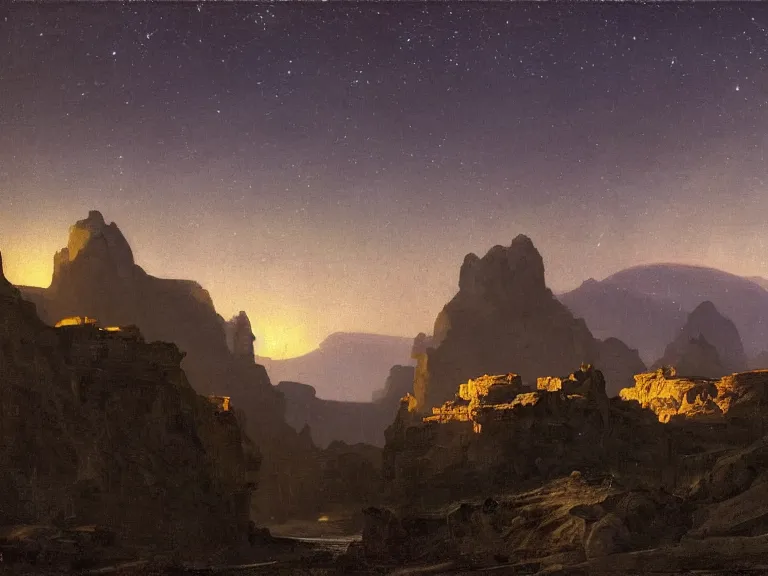 Image similar to an oil painting of a canyon on an alien planet with a distant mountain at dusk with aurora lighting up the sky by carl spitzweg and tuomas korpi. baroque elements, full-length view. baroque element. intricate artwork by caravaggio. Trending on artstation. 8k