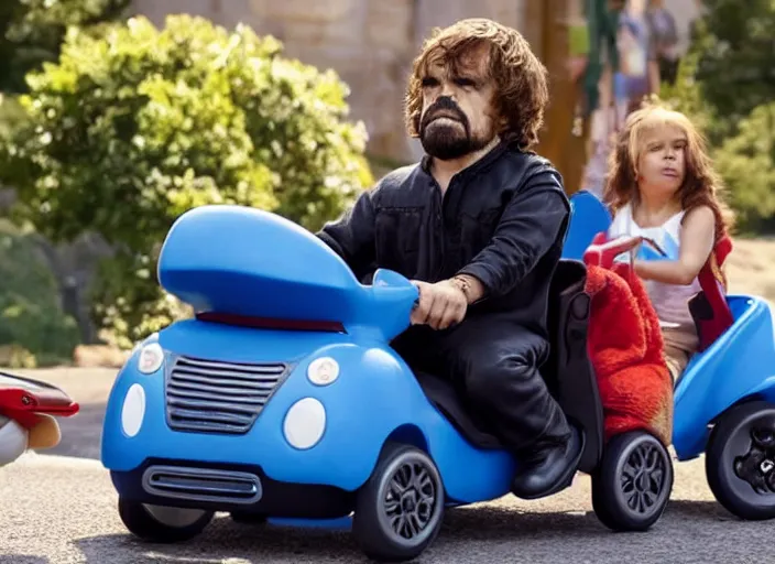 Image similar to peter dinklage and salma hayek driving a little tikes cozy coupe, movie still, from the new fast and furious, 8 k, realistic