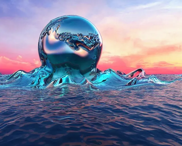 Image similar to a giant abstract sculpture of the birth of the universe on the ocean water, in the style of jeff koons, award winning, cinematic, hyper - realistic, very detailed, realistic water splashes, ray tracing, 8 k resolution, long - shot, sharp focus, low angle, 8 5 mm photograph, wide lens