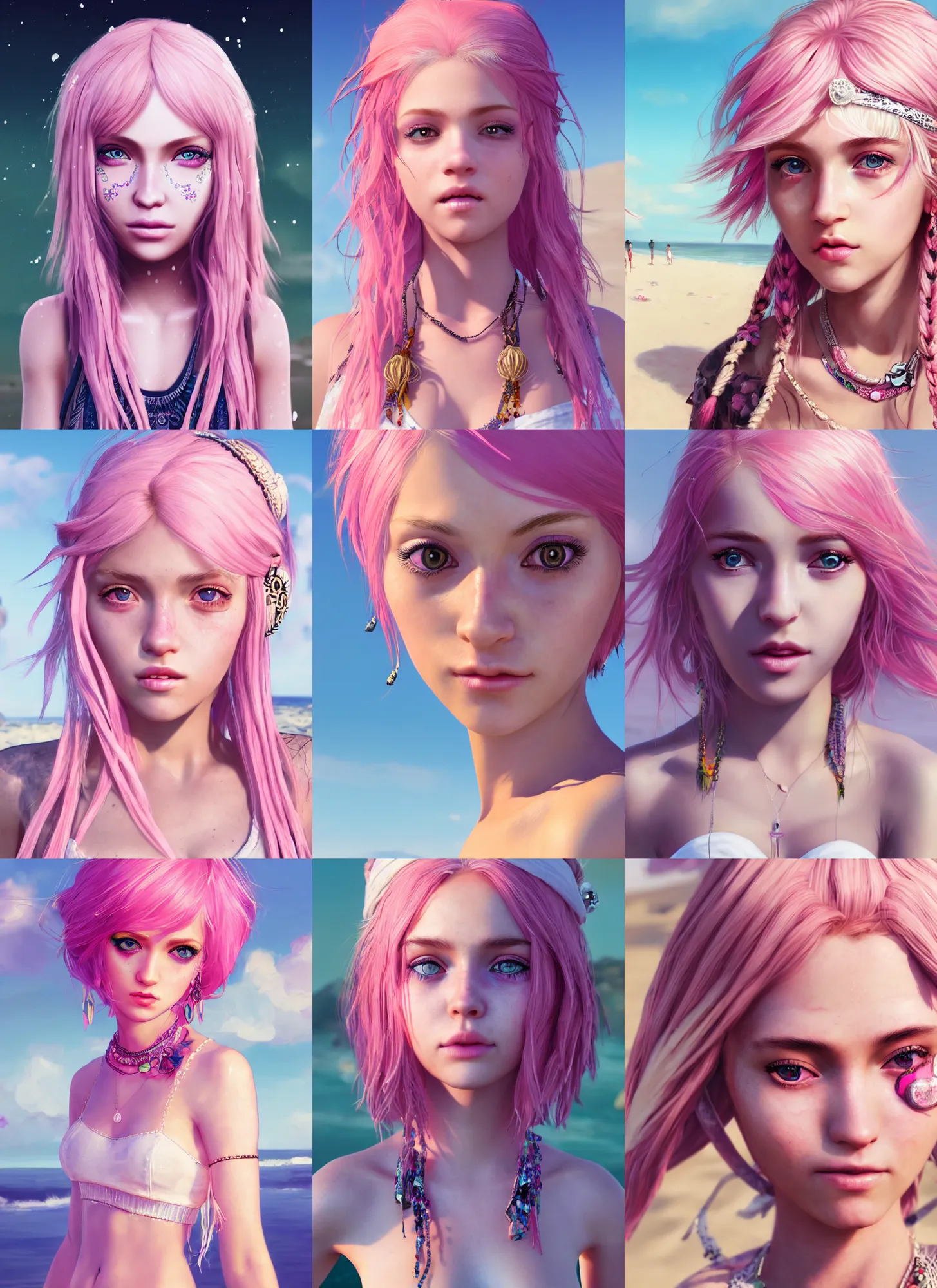 Prompt: masterpiece portrait of a beautiful charming girl with pink hair with boho accessories, character design, in white reflective at beach, cute face, top lighting, glossy, big eyes, art by kidmo, cryengine, 8 k realistic hyper detailed