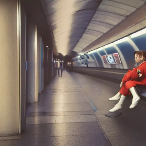 Image similar to a beautiful photo of an astronaut waiting in a subway station, 1970', soft light, morning light, photorealistic, realistic, octane, 8k, cinematic shot