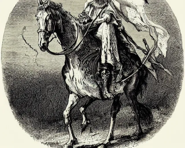 Image similar to “An engraving of Don Quixote illustrated by Gustave Doré”