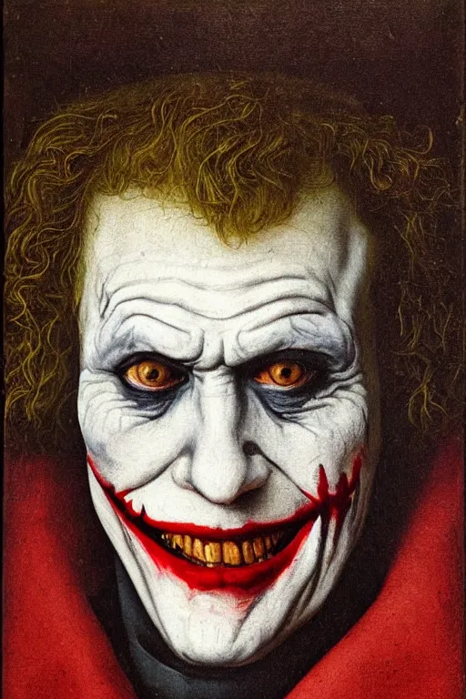 Image similar to portrait of the joker, oil painting by jan van eyck, northern renaissance art, oil on canvas, wet - on - wet technique, realistic, expressive emotions, intricate textures, illusionistic detail