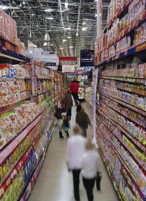 Image similar to first person view. walking through a costco in 1 9 9 7. looking at hands arranged in the shape of a gossett