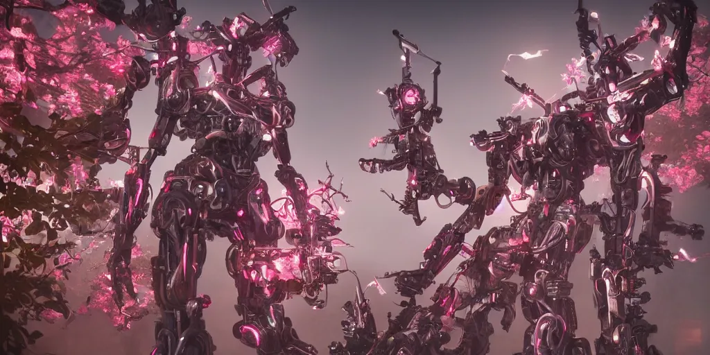 Prompt: a female saints made of mecha daffodils is flying in the fantasy forest, daniel, intricate mechanical details, futuristic, 2 k aesthetic, dramatic lighting, concept art, 4 k, 3 d octane render, pink and red colors, provenance, detailed, trending on artstation