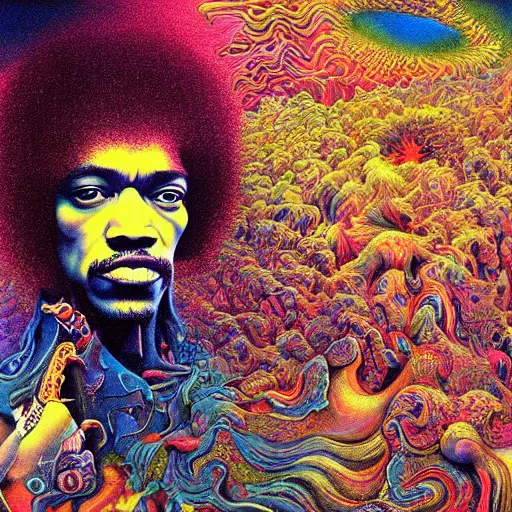 Prompt: colour masterpiece surreal closeup portrait photography of jimi hendrix by miho hirano and annie leibovitz and michael cheval, weird surreal epic psychedelic complex biomorphic 3 d fractal landscape in background by kilian eng and roger dean and salvador dali and beksinski, 8 k