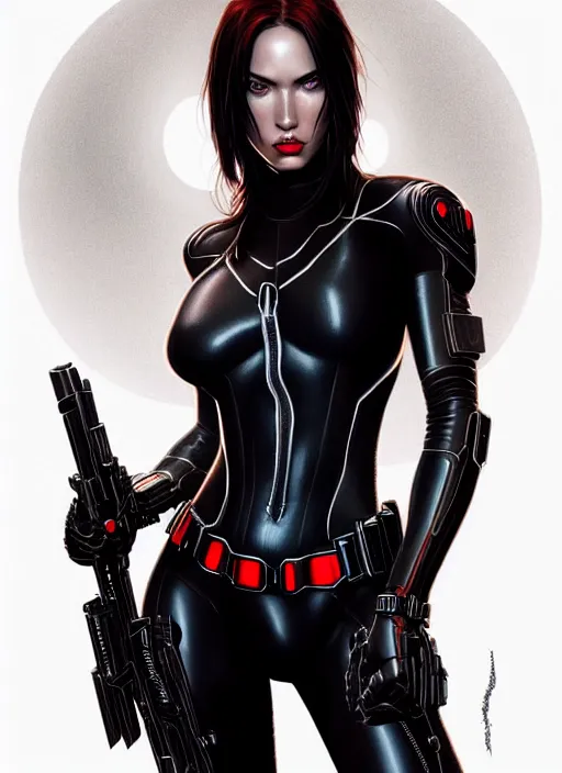 Image similar to symmetry!! gantz portrait of megan fox as black widow, unholy, intricate, highly detailed, dynamic lighting, digital art, digital painting, artstation, terence nielsen, sharp focus, illustration, art by artgerm and greg rutkowski and moebius, 8 k