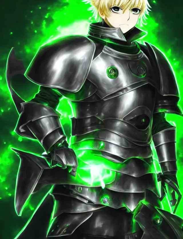 Image similar to an anime portrait of a blonde man with glowing green eyes in green plate armour glowing with green energy, trending on artstation, digital art, 4 k resolution, detailed, high quality, sharp focus, hq artwork, coherent, insane detail