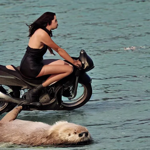 Image similar to a greek goddess on a motorbike runs over a sea otter, by pat philips