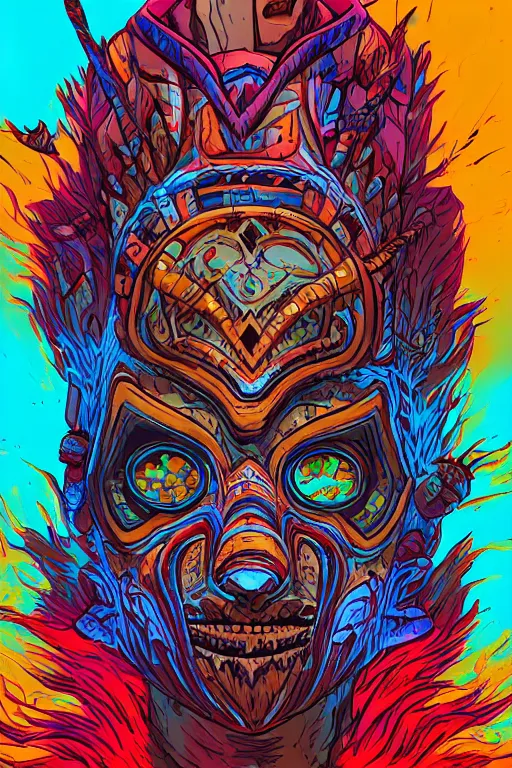 Image similar to totem animal tribal chaman vodoo mask feather gemstone plant wood rock video game illustration vivid color borderlands by josan gonzales and dan mumford radiating a glowing aura