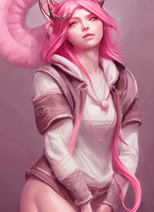 Image similar to a highly detailed illustration of cute smug pink haired pale girl with two curved horns wearing oversized pink hoodie, dramatic smirk pose, intricate, elegant, highly detailed, centered, digital painting, artstation, concept art, smooth, sharp focus, league of legends concept art, wlop.