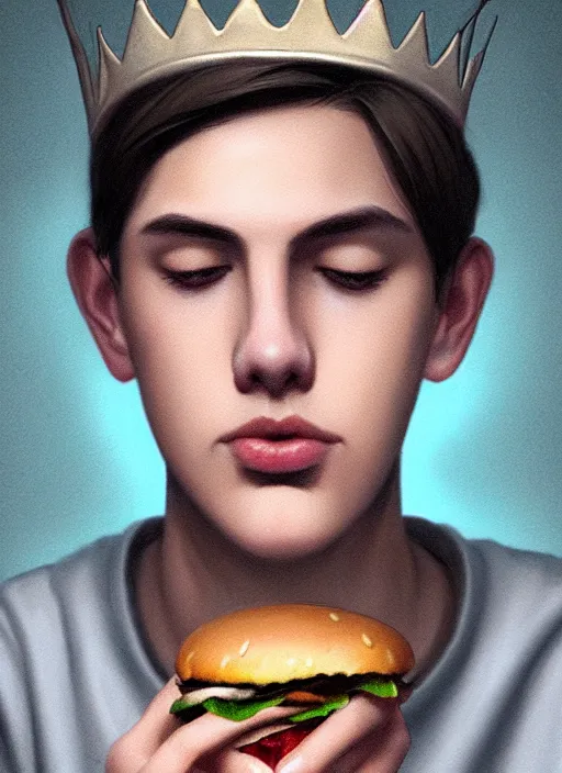 Image similar to portrait of teenage jughead jones wearing a light grey crown, crown, eating hamburger, eyes closed, crown, black hair, intricate, elegant, glowing lights, warm lighting, highly detailed, digital painting, artstation, concept art, smooth, sharp focus, illustration, art by wlop, mars ravelo and greg rutkowski