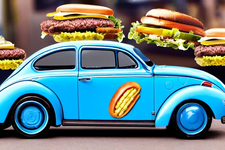 Prompt: a blue beetle car with burgers for wheel rims