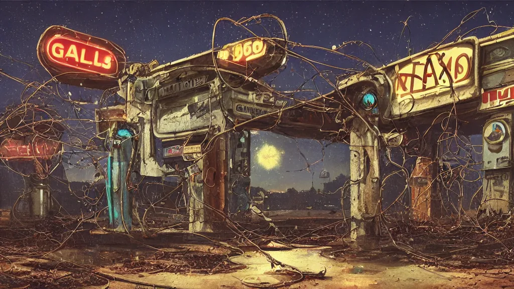 Prompt: A 1960s robot! on couch in front of a rusted! gas station. The stars! of the Milky Way shine above a broken neon sign, ground is cracked with vines fantasy concept art by Greg Rutkowski