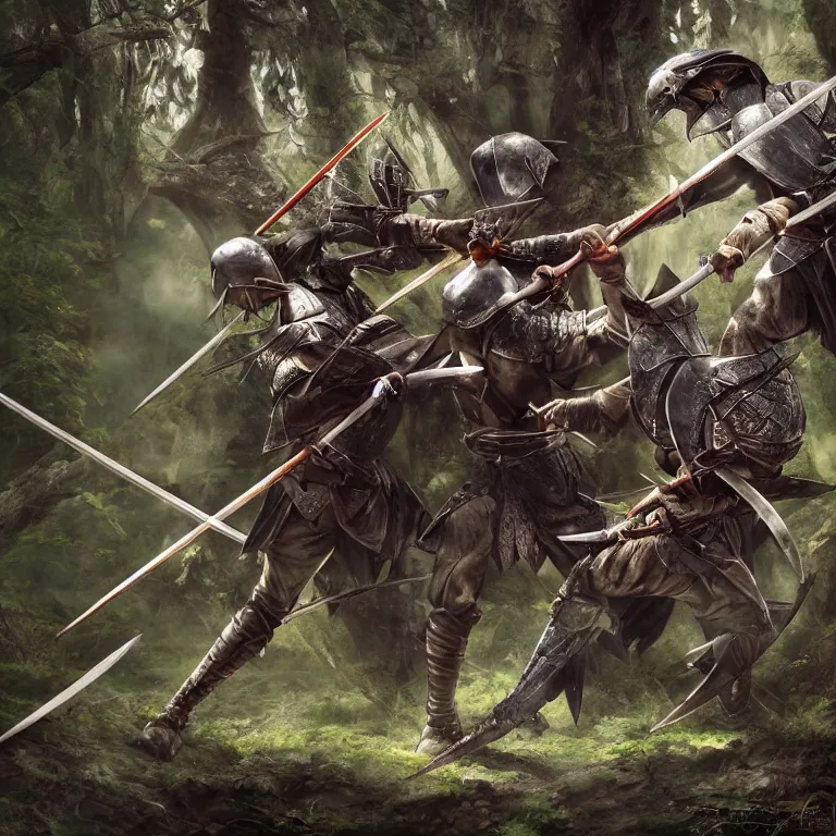 Image similar to two knights fighting with swords in forest, highly detailed, smooth, sharp focus, portrait, concept art, intricate details, fantasy poster, dark athmosphere, 8 k. lifelike. nikon d 8 5 0