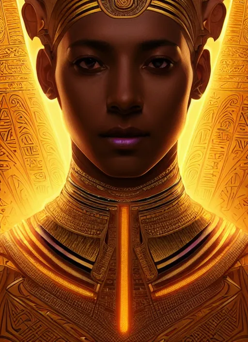 Image similar to symmetry!! portrait of ancient pharaoh wearing traditional attire, sci - fi, tech wear, glowing lights!! intricate, elegant, highly detailed, digital painting, artstation, concept art, smooth, sharp focus, illustration, art by artgerm and greg rutkowski and alphonse mucha