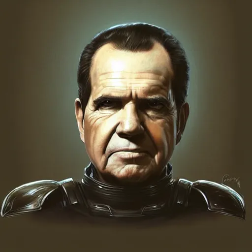 Image similar to portrait of richard nixon as a helmetless mandalorian, helmet off, fantasy, intricate, elegant, digital painting, trending on artstation, concept art, soft focus, illustration by greg rutkowski, gaston bussiere and artgerm.