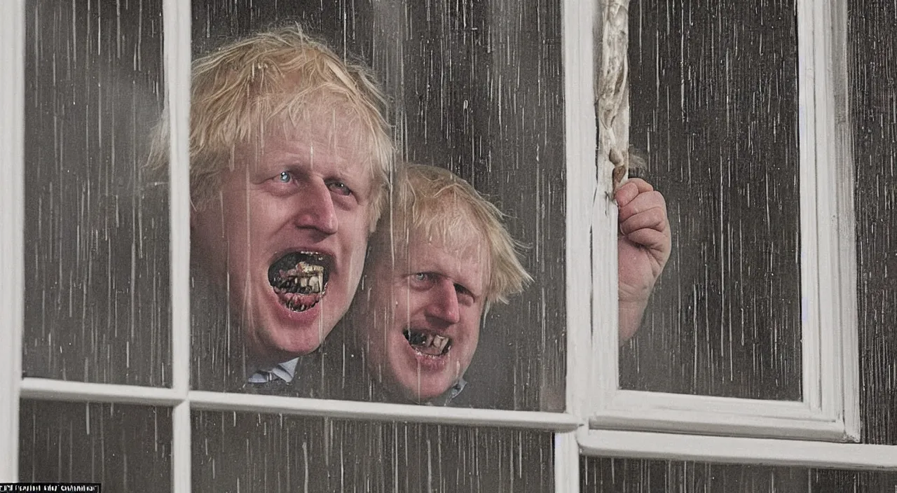 Prompt: a zoomed out photo taken from the inside of an old house, showing window blinds being pulled back to reveal a terrifying boris johnson his unhinged face pressed against the window and his bloody hands placed on the window, horrifying grin. horror, raining, night time