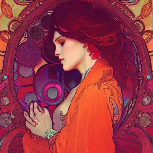 Prompt: artwork of a magical woman, intricated, ghost, gradient orange and red, cloudy, by alphonse mucha , perfect head shape, artstation, deviantart, 4k, unreal engine, smooth