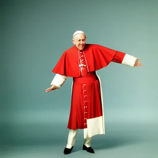 Prompt: A funky 1960s portrait of pope Benedict dancing, ELLE magazine, studio lighting, Velvia 100