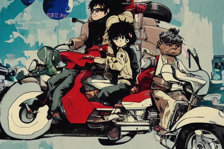 Image similar to pizza the hut, akira's motorcycle, gorillaz, poster, high quality