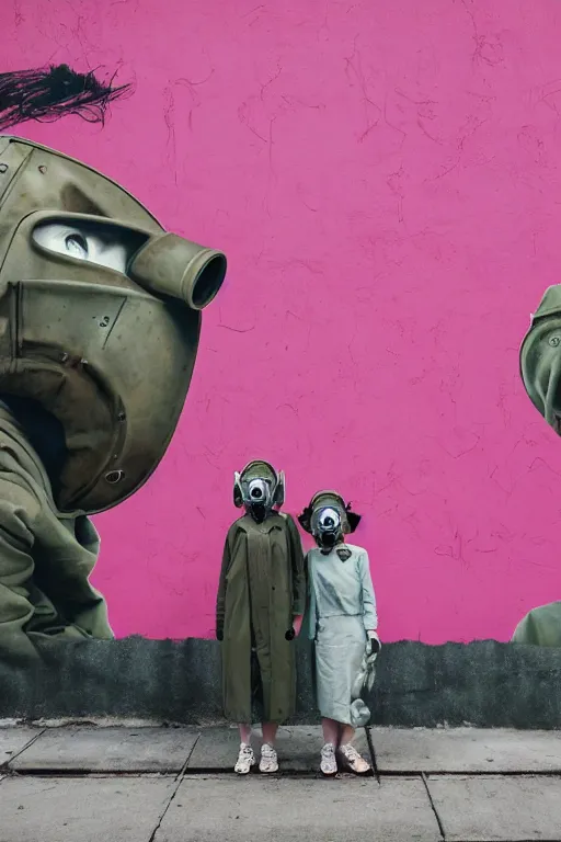 Image similar to a surreal portrait of two women wearing gas masks camouflaged into a wall of pink graffiti in the style of brooke didonato, editorial fashion photography from vogue magazine, full shot, nikon d 8 1 0, ƒ / 2. 5, focal length : 8 5. 0 mm, exposure time : 1 / 8 0 0, iso : 2 0 0