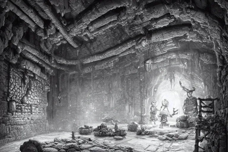 Image similar to black and white point perspective dungeon cozy fantasy dungeon You step into the biological room. The walls and floor are made out of salt that kinda smells like condensation trails. A flexible force of dwarfs guards the room. ,by artgerm and Craig Mullins, James Jean, Andrey Ryabovichev, Mark Simonetti and Peter Morbacher 16k