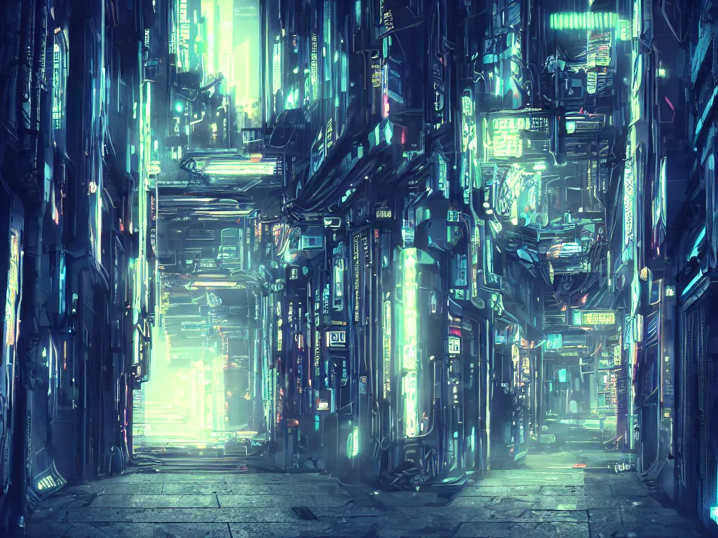 Prompt: a door at the end of a long dark corridor, cyberpunk city, futuristic, neon, intricate details