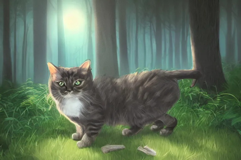 Image similar to cat in the forest, frontlighting, digital art, trending on artstation, fanart, by kawacy