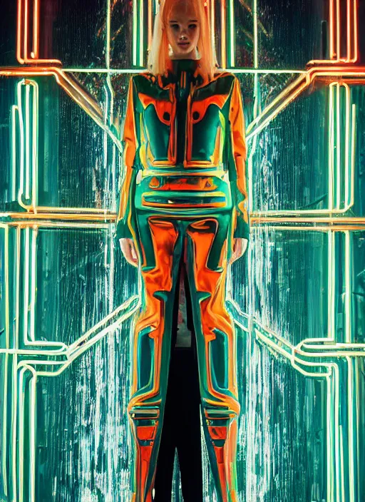 Prompt: vertical photo of polish female in chromatic futuristic suit, blonde, curly hair, symmetrical beautiful face, cyberpunk, native costume, standing in the dark room, prismatic neon, fashion editorial photography, hyperrealistic, from vogue magazine, reflections, refraction, gold, teal, orange