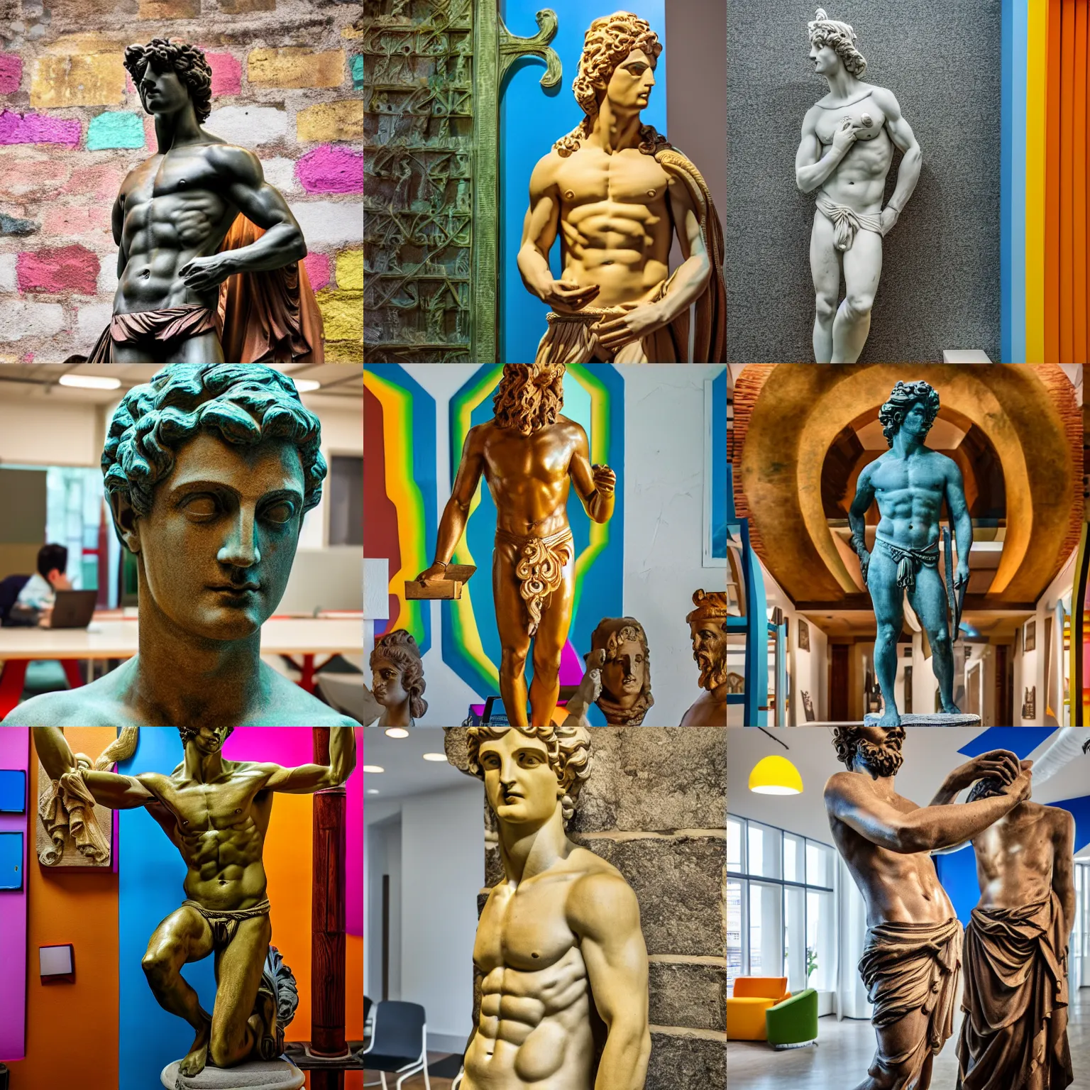 Prompt: greek god statue in a colorful university coworking space, architectural photography, hd, 4 k / 8 k