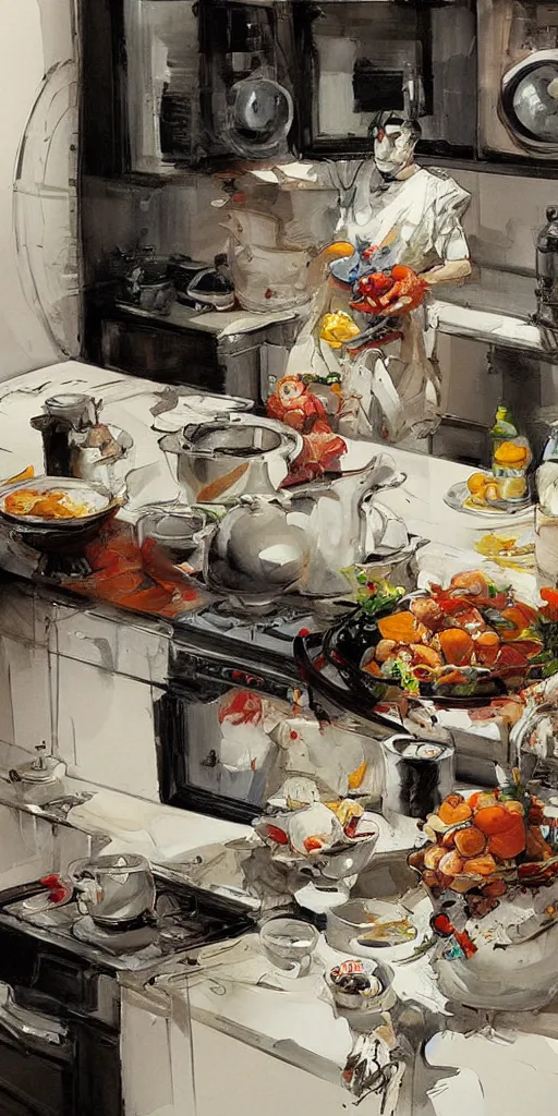 Image similar to oil painting scene from kitchen by kim jung gi