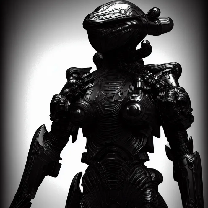 Image similar to a character in an spaceship by nihei tsutomu, dramatic black and white, obsidian dark black armor, highly detailed, 3 d render, vray, octane, realistic lighting