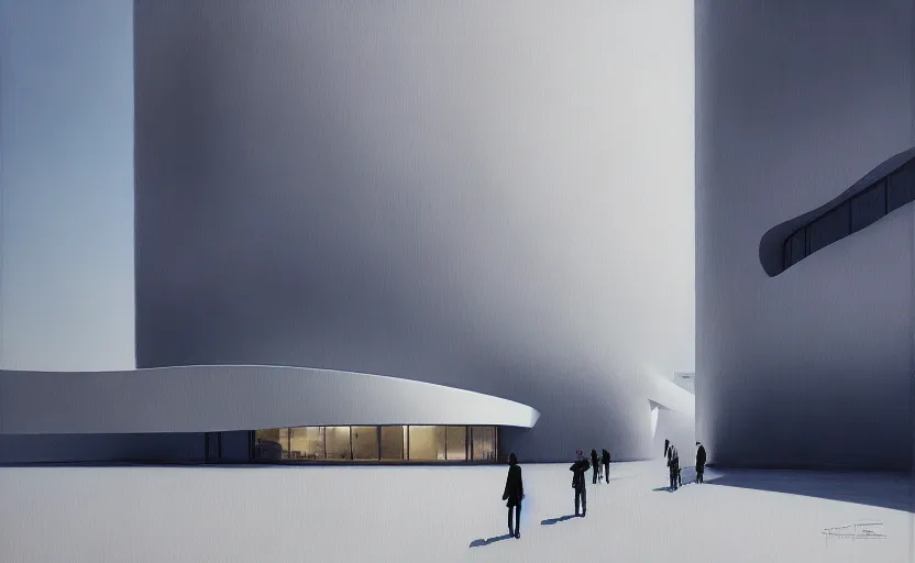 Image similar to painting of a wide angle exterior shot of a white architecture by zaha hadid and peter zumthor, darek zabrocki, greg ruthkowski, cinematic and blue cold atmospheric, archviz, archdaily, deezen, concept art, artstation, trending on artstation