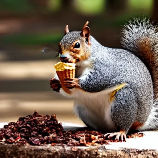 Image similar to A fat squirrel eating icecream