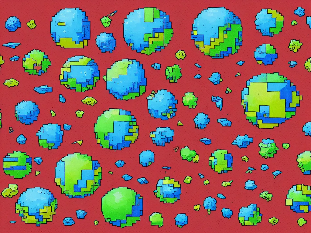 Prompt: isometric pixel art planets sprite sheet in gouache detailed pixel art rotated left rotated right props stylised, in the style of moebius,
