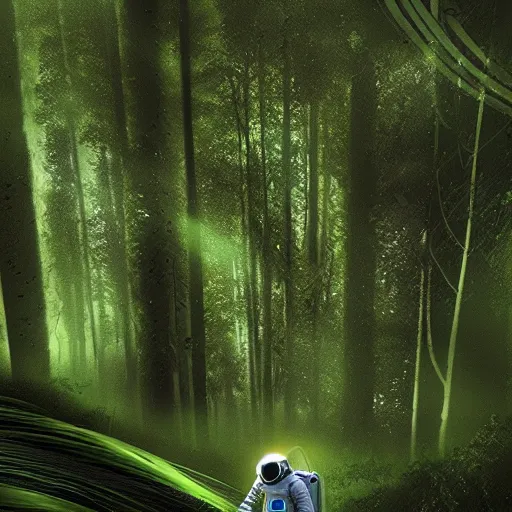 Image similar to an astronaut scans the lush forest, digital art, epic composition, highly detailed, cinematic lighting