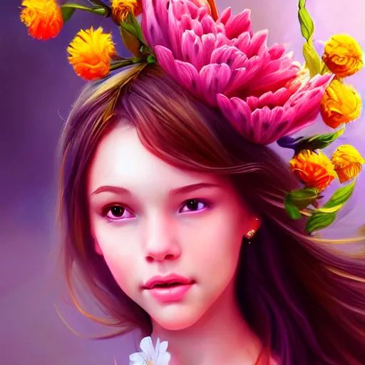 Prompt: happy young girl with flowers fantasy _ dramatic _ intricate _ elegant _ highly _ detailed _ digital _ painting _ artstation _ concept _ art _ smooth _ sharp _ focus _ illustration