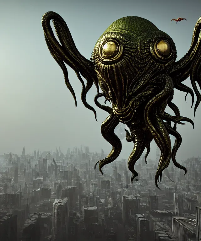 Prompt: metallic cthulhu - cybog hovering over a city. shiny, gradient lighting, detailed, full - body, concept art, hyper - realistic, octan render, 8 k