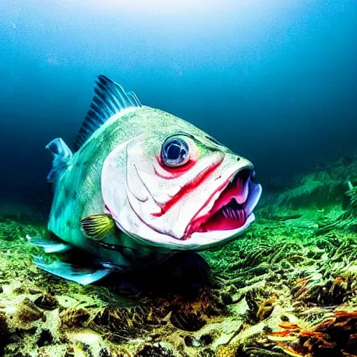 Prompt: incredibly detailed atlantic cod, wide angle shot, backlit, very realistic, underwater, beautiful photo, national geographical, underwater photography, gopro,