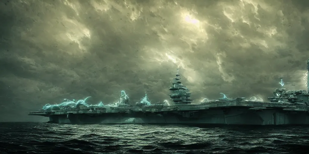 Prompt: an aircraft carrier next to a lovecraftian monster in a dark stormy ocean illuminated by spotlights, hyperrealistic, intricate detail, volumetric lighting, octane render, trending on artstation