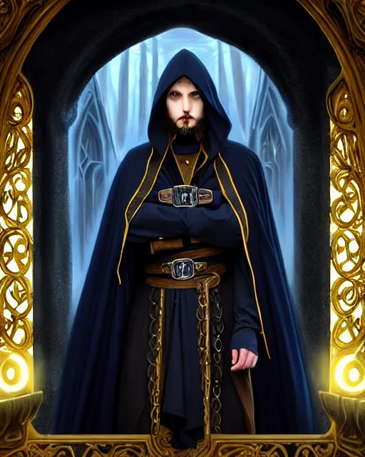 Image similar to handsome male wizard at the end of time, long black hair blue eyes young face wearing cloth mantle gothic navy cloak with gold details, cave town, fantasy character portrait, ultra realistic, intricate, elegant, cinematic lighting, highly detailed, digital painting, artstation, smooth, sharp, focus, illustration, art by artgerm and greg rutkowski and alphonse mucha