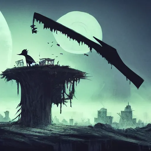 Prompt: a tiny gloomy reaper sitting on a tree log, holding its scythe and watches a little happy bird flying around a extrem destroyed fallout city with extrem radioactive aspects at nighttime, by aleksandra waliszewska and aoi ogata, dystopian concept dramatic horror art