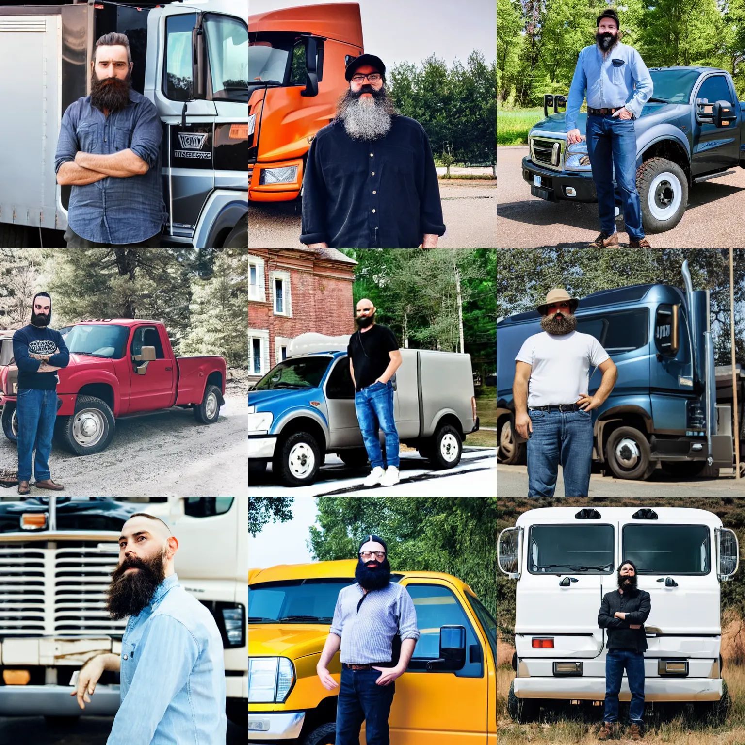 Prompt: a man with a beard standing next to a truck