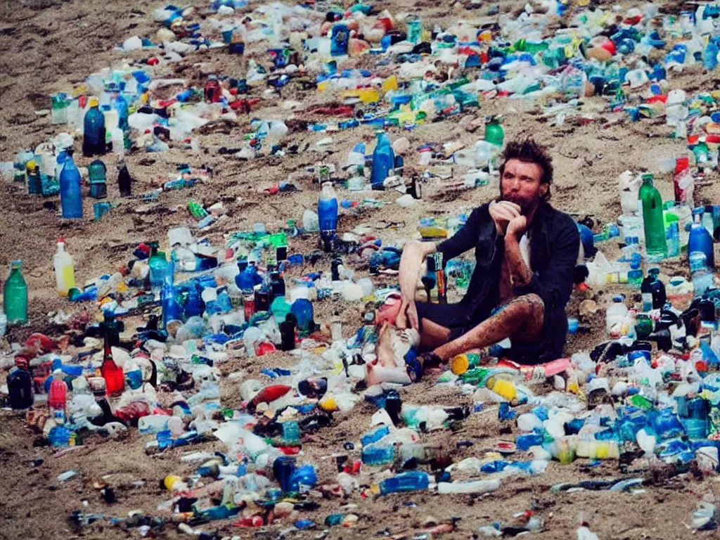 Image similar to lorenzo cherubini jovanotti alone crying surrounded by plastic bottles and garbage on a beach, polaroid color photo, ultra realistic