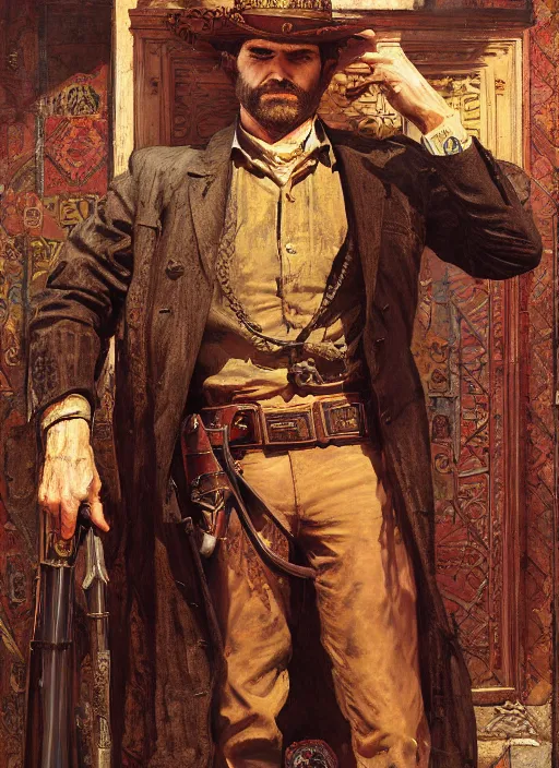 Image similar to Old west resurrectionist (rdr2, laurie greasley). Iranian orientalist portrait by john william waterhouse and Edwin Longsden Long and Theodore Ralli and Nasreddine Dinet, oil on canvas. Cinematic, hyper realism, realistic proportions, dramatic lighting, high detail 4k