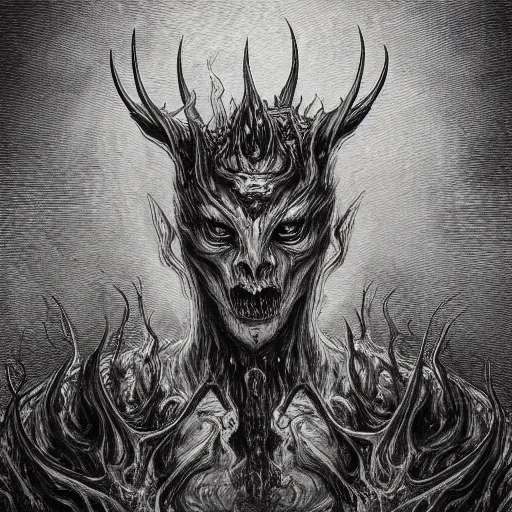 Image similar to full body grayscale drawing by Gustave Dore and Anato Finnstark of horned humanoid demon, engulfed in swirling flames